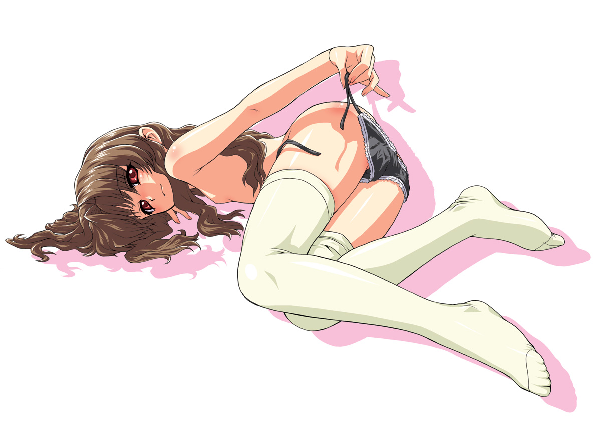 kouda tomohiro, morino ichigo, onegai teacher, untied, 00s, 1girl, black panties, brown hair, feet, female focus, flat chest, long hair, lying, no shoes, on side, panties, pinky out, red eyes, shadow, side-tie panties, smile, solo, teasing, thighhighs, toes, topless female, underwear, undressing, untying
