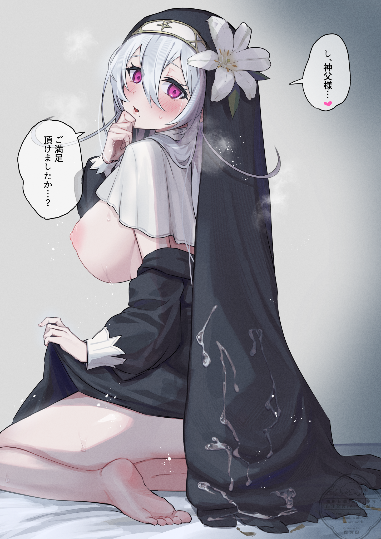 nikumochu, original, highres, translation request, 1girl, ass, barefoot, black dress, black veil, blush, breasts, breasts out, breath, clothes lift, cum, cum on clothes, dress, dress lift, feet, flower, from behind, hair flower, hair ornament, hand to own mouth, large breasts, lifting own clothes, long hair, looking back, nipples, nun, purple eyes, sideboob, sitting, solo, thighs, toes, veil, white hair
