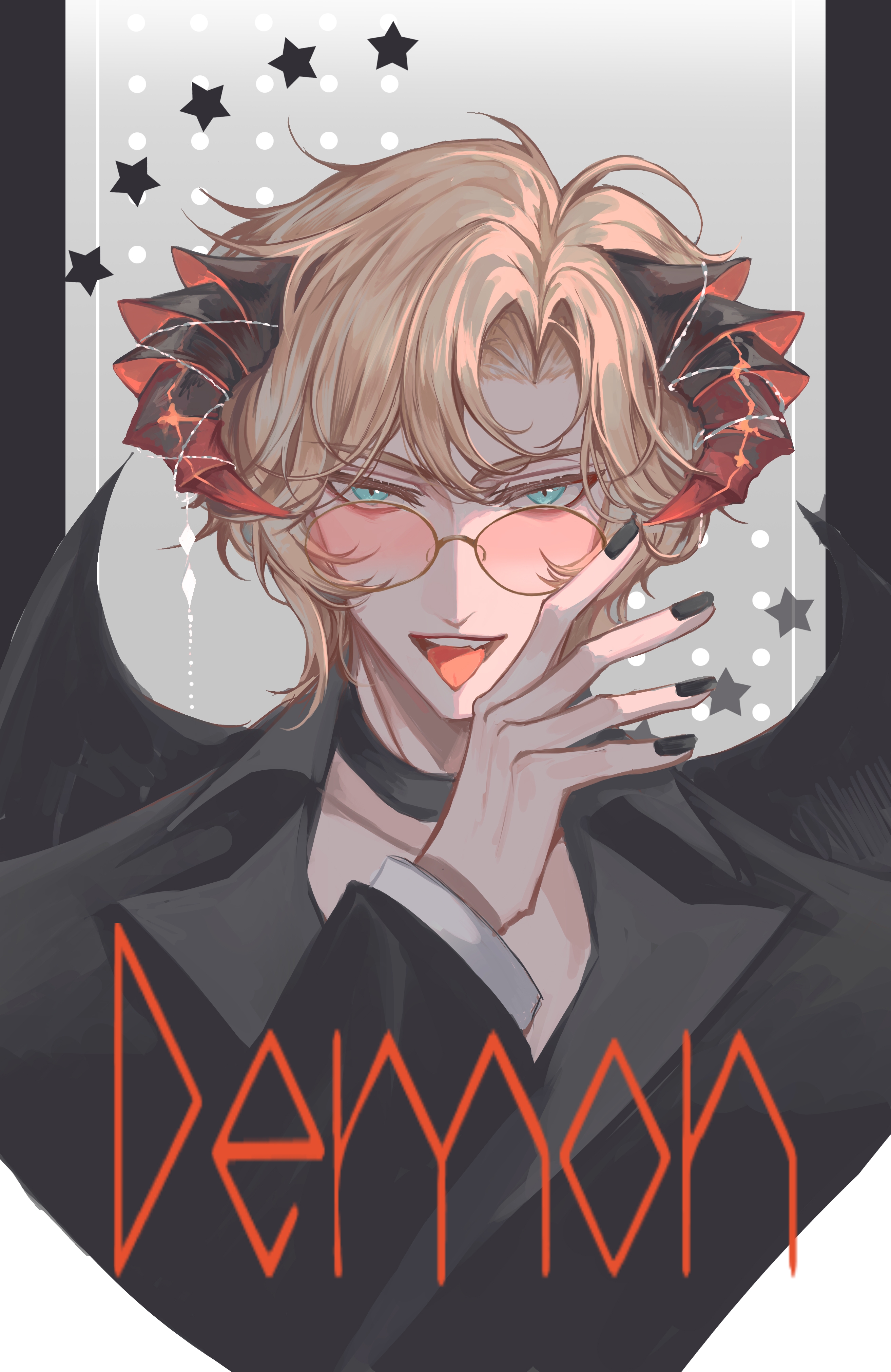 snow234, lars rorschach, lovebrush chronicles, absurdres, chinese commentary, highres, 1boy, :p, adjusting eyewear, ahoge, aqua eyes, black choker, black jacket, black nails, black wings, blonde hair, choker, collarbone, curled horns, demon boy, demon horns, demon wings, english text, grey background, hair between eyes, halftone, halftone background, hand up, horns, jacket, lapels, long sleeves, looking at viewer, looking over eyewear, male focus, nail polish, peaked lapels, pink-tinted eyewear, red horns, solo, star (symbol), straight-on, sunglasses, teeth, tinted eyewear, tongue, tongue out, upper body, upper teeth only, wings