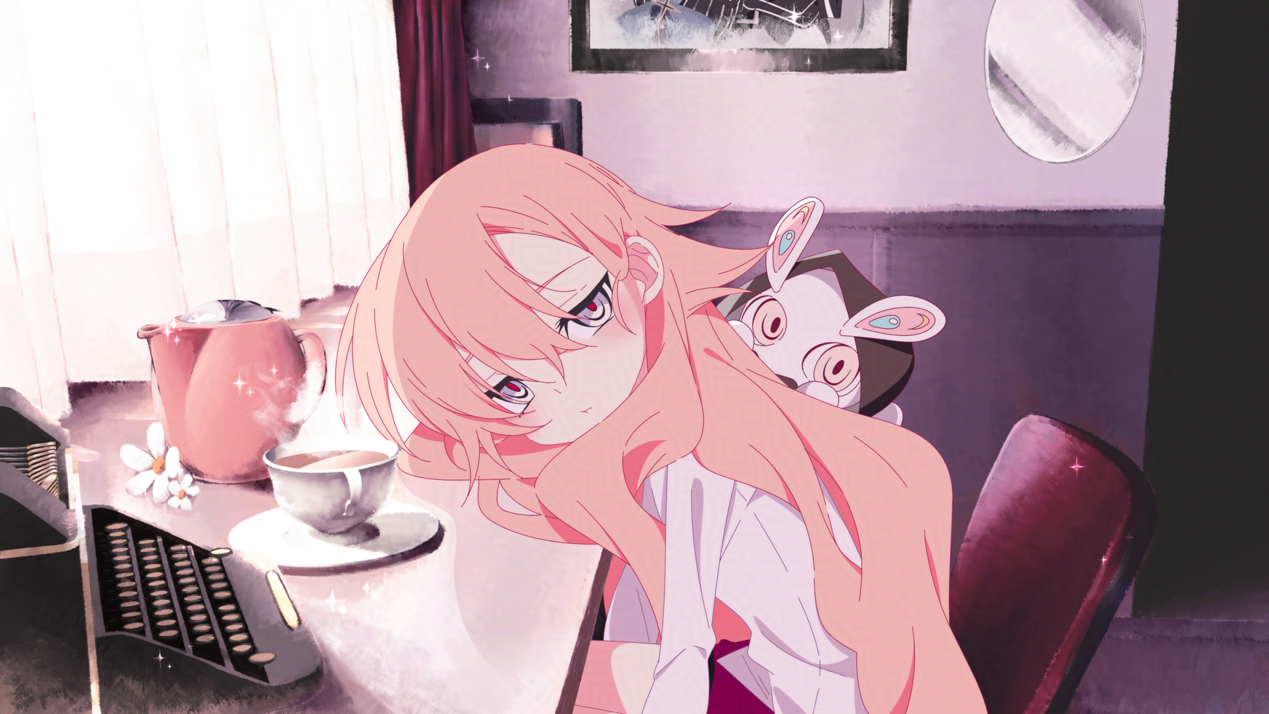 nomura kitan, original, absurdres, highres, 1girl, blush, creature, cup, expressionless, grey eyes, head rest, indoors, long hair, looking at viewer, photo background, pink hair, sitting