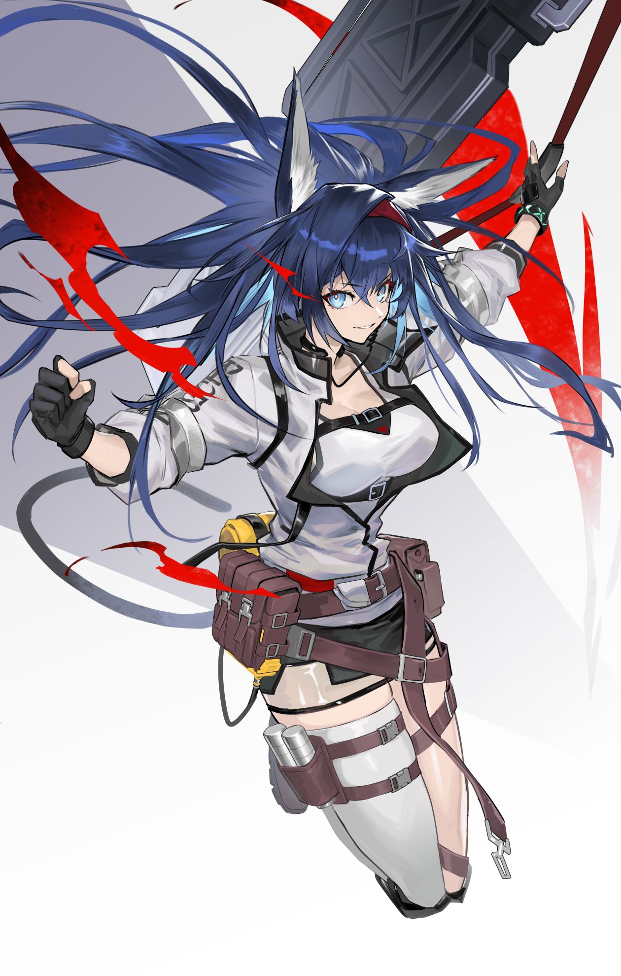 rukomata 99, blaze (arknights), arknights, commentary, highres, 1girl, animal ear fluff, animal ears, asymmetrical legwear, belt, belt buckle, black gloves, black shirt, blue eyes, blue hair, breasts, brown bag, brown belt, buckle, cat ears, cat girl, cat tail, chest harness, cleavage, crossed bangs, floating hair, full body, gloves, hair between eyes, harness, jacket, large breasts, legs folded, long hair, long sleeves, looking at viewer, mismatched legwear, parted lips, partially fingerless gloves, partially unzipped, shirt, simple background, single thighhigh, smile, solo, tail, thighhighs, white background, white jacket, white thighhighs