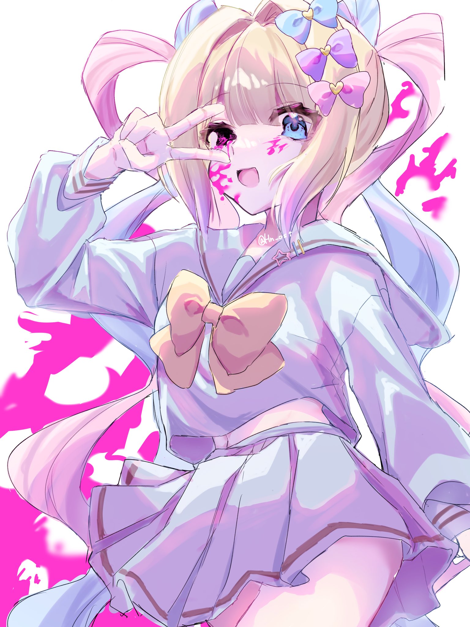 hn ost, chouzetsusaikawa tenshi-chan, needy girl overdose, highres, 1girl, :d, black eyes, blonde hair, blood, blood on face, blood splatter, bloody tears, blue eyes, blue hair, blue serafuku, bow, chest bow, colored tips, cowboy shot, hair bow, heterochromia, looking at viewer, midriff, multicolored hair, multiple hair bows, open mouth, pink hair, quad tails, school uniform, serafuku, smile, solo, v