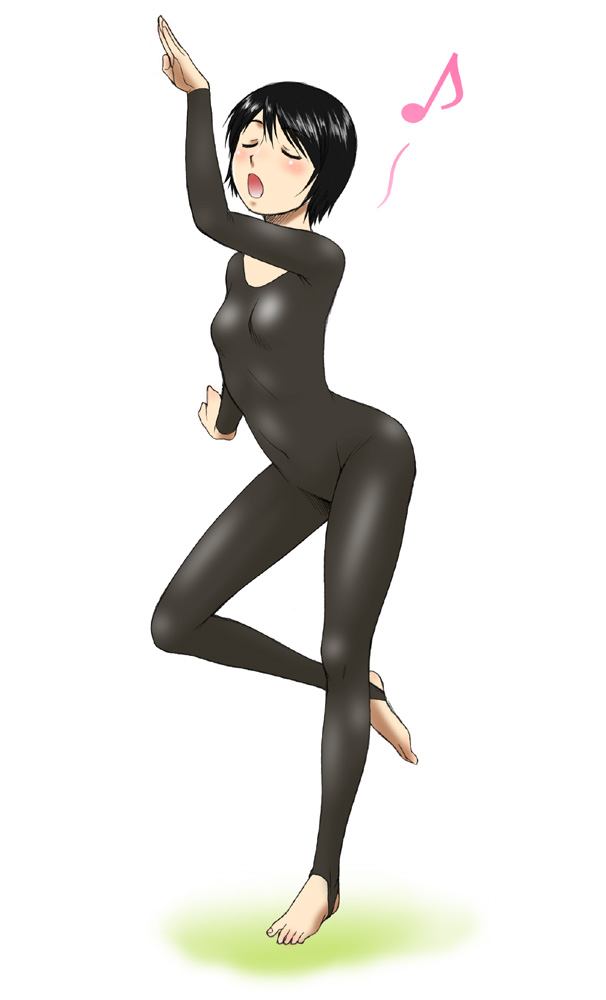 kouda tomohiro, hiwatari, shimau, yotsubato!, 1girl, barefoot, black hair, blush, bob cut, bodysuit, breasts, catsuit, closed eyes, dancing, feet, female focus, flat chest, full body, gymnastics, musical note, notes, open mouth, short hair, simple background, small breasts, solo, toeless legwear, toes, white background
