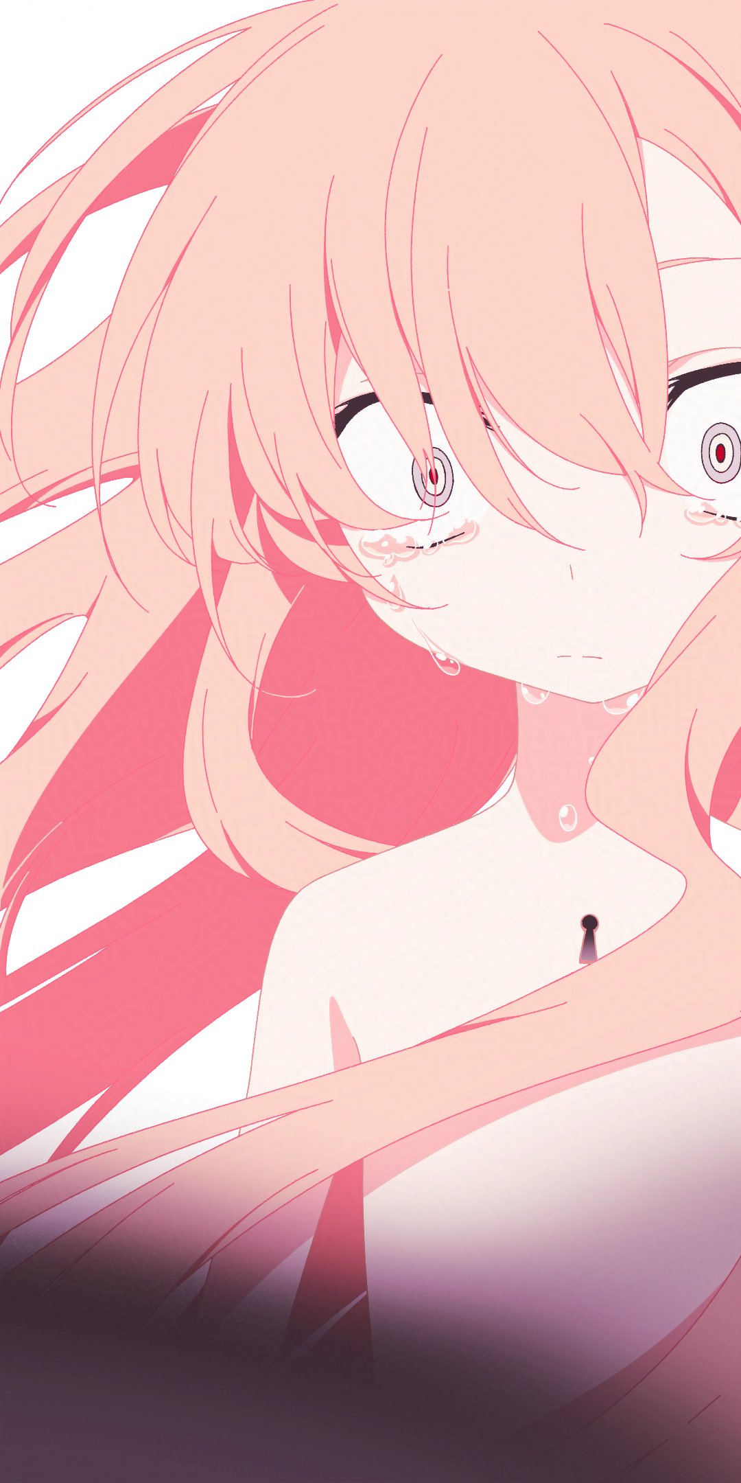 nomura kitan, original, commentary request, highres, 1girl, crying, crying with eyes open, expressionless, flat chest, floating hair, grey eyes, keyhole, long hair, looking at viewer, nude, pink hair, solo, tears, wide-eyed