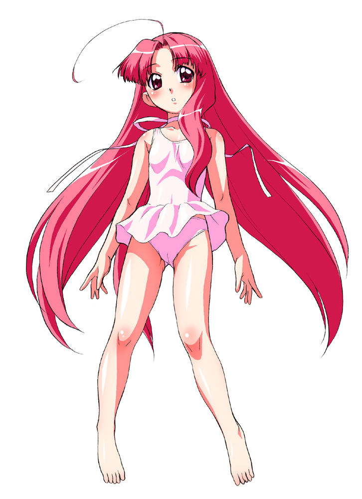 kouda tomohiro, inu no nana, saru no momo, tenshi no shippo, 00s, 1girl, ahoge, barefoot, blush, cameltoe, choker, dress, feet, female focus, flat chest, long hair, panties, pink dress, pink eyes, pink hair, pink panties, pink skirt, red eyes, red hair, skirt, solo, underwear, wind, wind lift