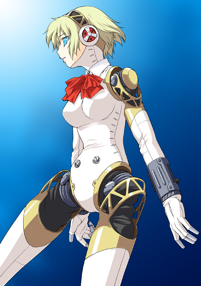 kouda tomohiro, aigis (persona), atlus, persona, persona 3, android, blonde hair, blue eyes, detached collar, from side, gradient background, short hair, solo