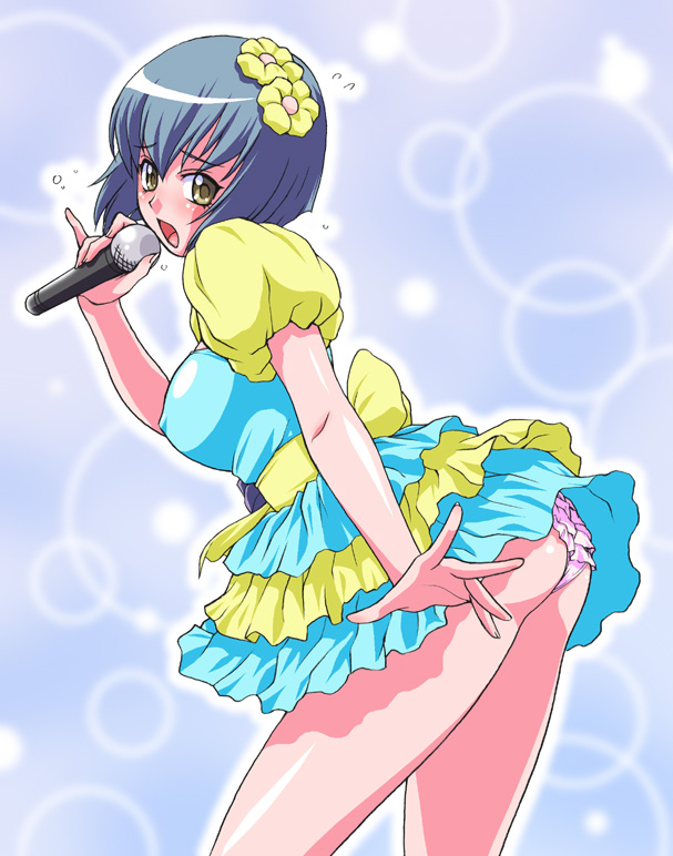 kouda tomohiro, rebecca, rebecca (gaiking), gaiking, toei company, 1970s (style), 1girl, bent over, blue hair, blush, dress, female focus, flower, frills, microphone, music, oldschool, open mouth, panties, pantyshot, retro artstyle, short hair, singing, solo, underwear, yellow eyes