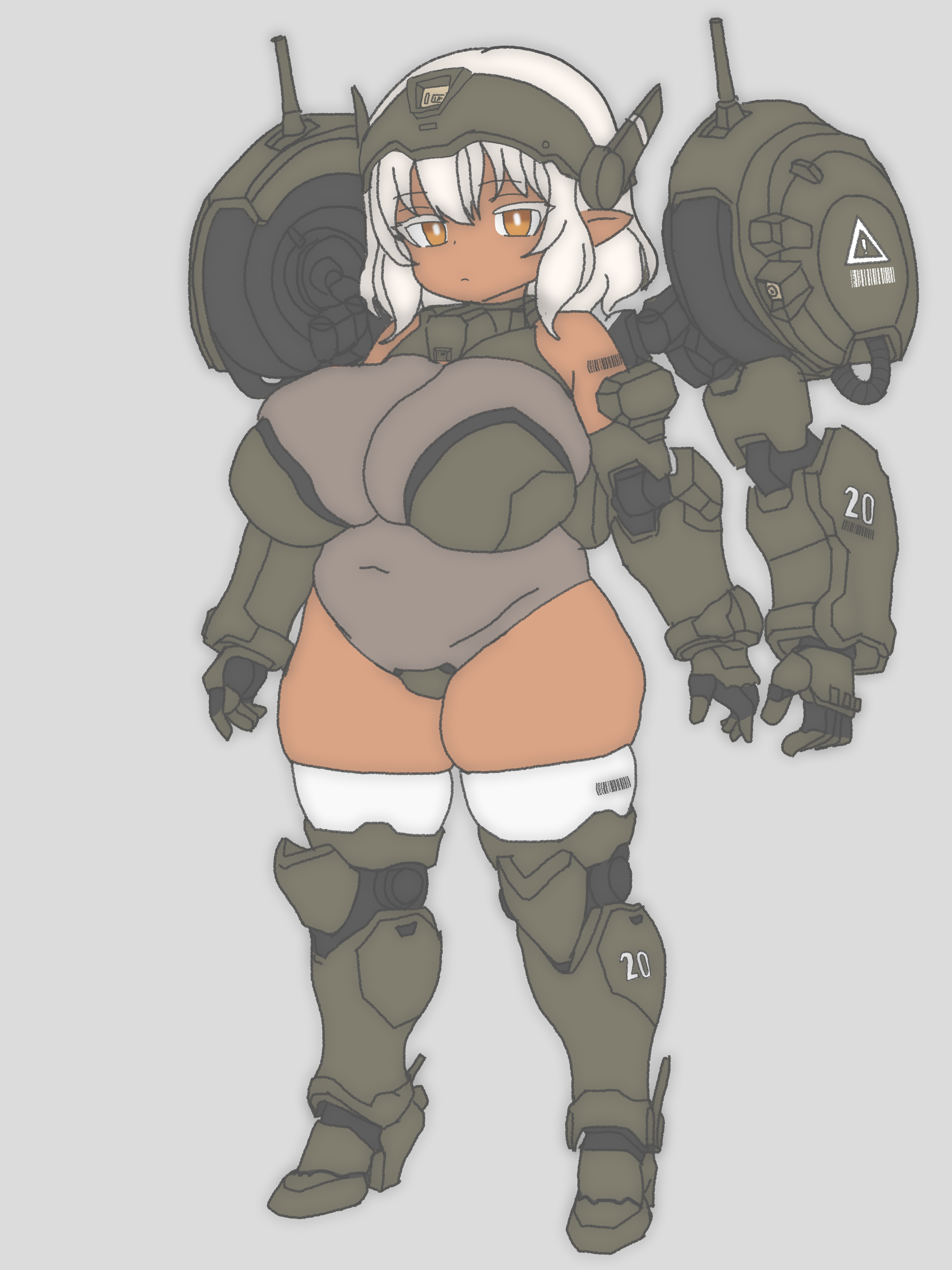 poca252, original, absurdres, highres, !, 1girl, barcode, breasts, cleavage, closed mouth, covered navel, dark skin, dot nose, full body, grey background, hair between eyes, huge breasts, looking at viewer, medium hair, orange eyes, plump, pointy ears, simple background, solo, standing, thick thighs, thighhighs, thighs, white hair