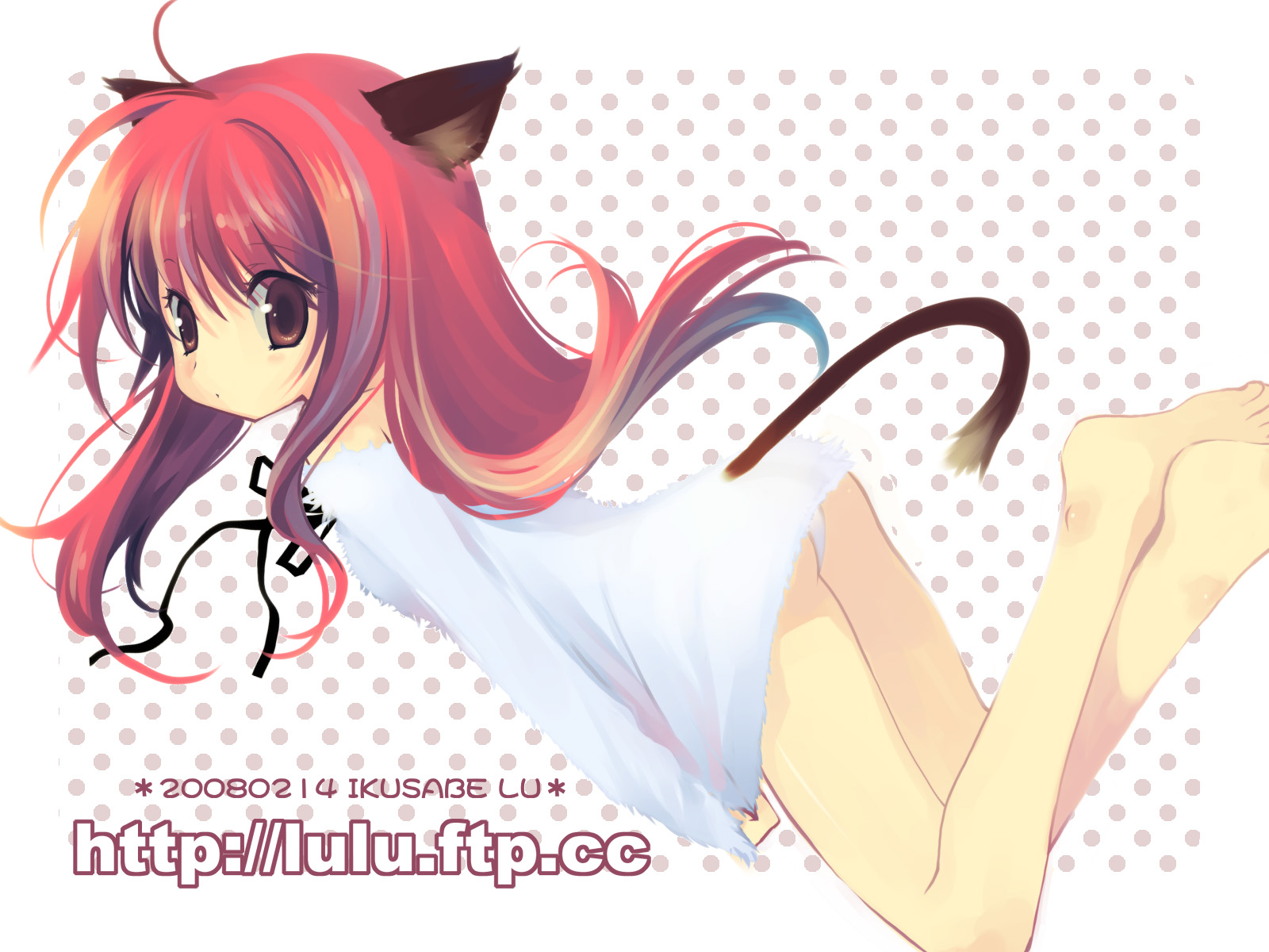 ikusabe lu, original, highres, animal ears, ass, barefoot, brown eyes, feet, long hair, panties, pantyshot, red hair, solo, tail, underwear