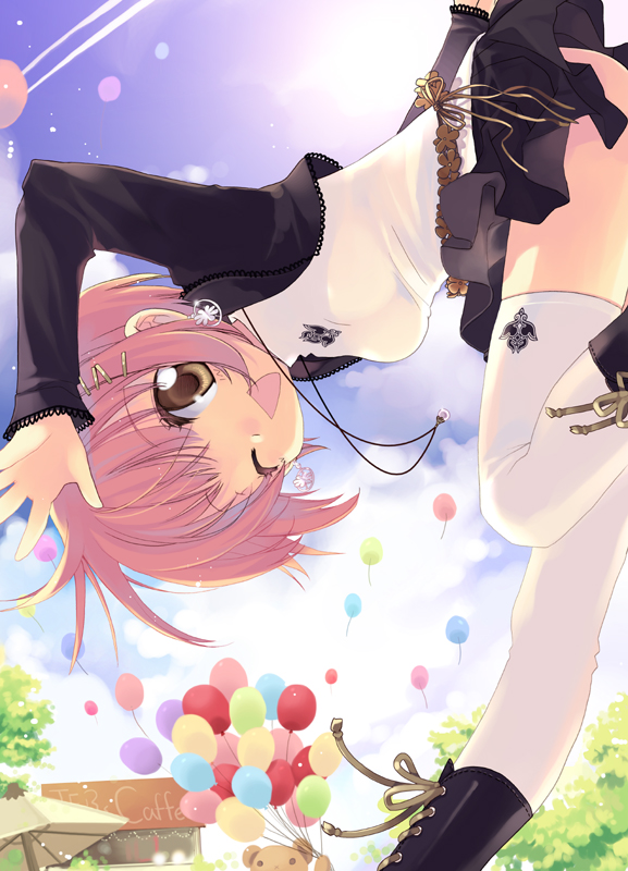 ikusabe lu, original, 1girl, balloon, boots, brown eyes, female focus, hair ornament, hairclip, one eye closed, pink hair, short hair, skirt, solo, thighhighs, waving, white thighhighs, wink