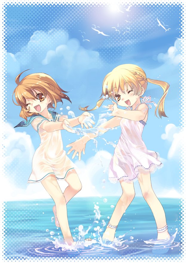 ikusabe lu, original, 2girls, blonde hair, brown eyes, brown hair, cloud, day, dress, happy, multiple girls, ocean, outdoors, playing, sailor, sailor dress, sandals, sky, twintails, water, wet, wet clothes