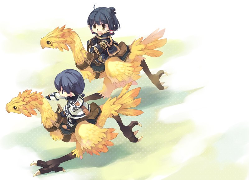 ikusabe lu, chocobo, final fantasy, final fantasy xi, 00s, 1boy, 1girl, ahoge, bag, beak, black eyes, black hair, feathered wings, from above, from side, full body, handbag, looking at viewer, looking to the side, open mouth, outdoors, riding, short hair, talons, tarutaru, upper body, wings