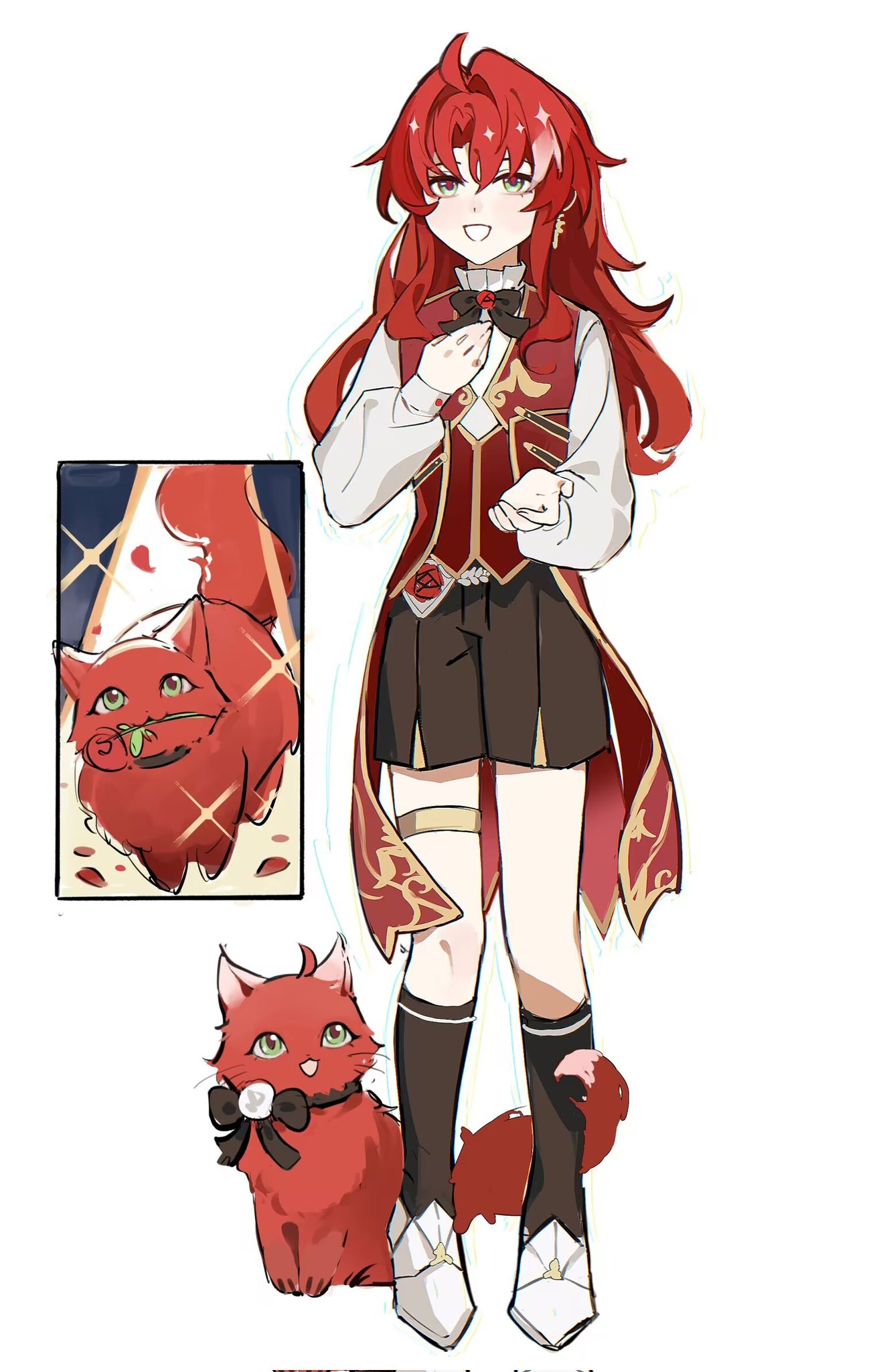 hsgbjisuw, argenti (honkai: star rail), honkai: star rail, honkai (series), chinese commentary, highres, 1boy, :d, adapted costume, aged down, ahoge, animalization, black bow, black bowtie, black shorts, black socks, bow, bowtie, brooch, cat, coattails, curtained hair, curtains, earrings, flower, flower brooch, flower in mouth, frilled shirt collar, frills, full body, green eyes, hair between eyes, hair intakes, hand on own chest, jewelry, long hair, long sleeves, looking ahead, male focus, mouth hold, multiple views, offering hand, open mouth, person and animalization, red cat, red flower, red hair, red pupils, red rose, red vest, rose, shirt, shoes, shorts, simple background, single earring, smile, socks, solo, sparkle, standing, thigh strap, vest, white background, white shirt, white shoes
