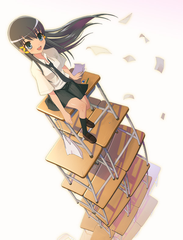 kai ha, original, 1girl, black hair, desk, female focus, flying paper, happy, long hair, paper, pyramid (structure), school desk, school uniform, serafuku, solo, stacking, wind