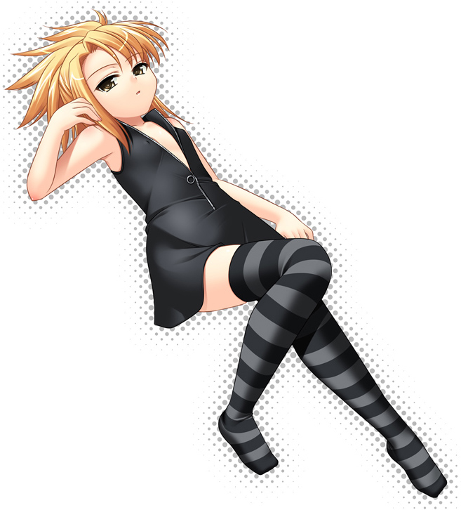 hazuki (etcxetc), mio (zettai karen children), tsukushi mio, zettai karen children, 00s, 1girl, black dress, blonde hair, brown eyes, center opening, dress, female focus, flat chest, legs, loli, solo, striped clothes, striped thighhighs, thighhighs, unzipped