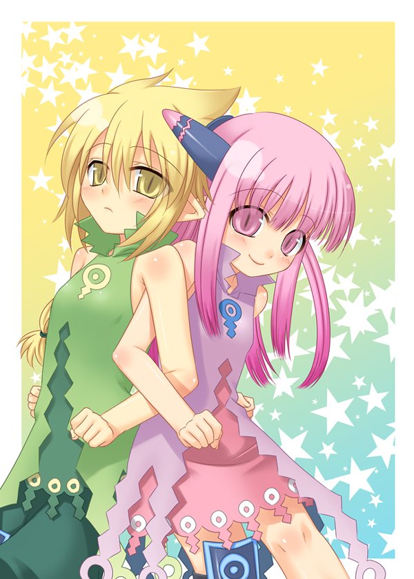hazuki (etcxetc), coral (summon night), milreaf, summon night, summon night 4, 2girls, back-to-back, blonde hair, flat chest, locked arms, multiple girls, pink eyes, pink hair, pointy ears, robot ears, short hair, smile, yellow eyes