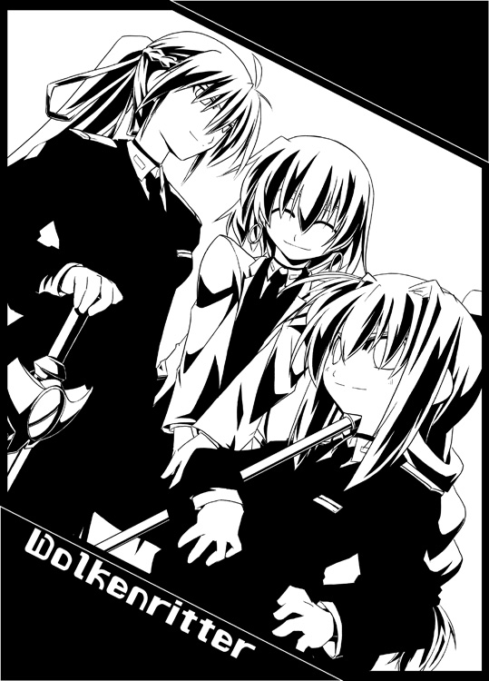 u-ka, graf eisen, laevatein (nanoha), shamal, signum, vita (nanoha), lyrical nanoha, mahou shoujo lyrical nanoha, mahou shoujo lyrical nanoha strikers, 00s, 3girls, dutch angle, formal clothes, greyscale, long sleeves, monochrome, multiple girls, short hair, sidelocks, simple background, smile, suit, upper body, weapon, whip sword, white background
