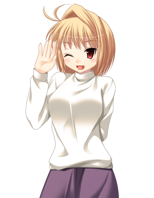 hazuki (etcxetc), arcueid brunestud, tsukihime, 00s, ahoge, blonde hair, blush, one eye closed, red eyes, short hair, solo, sweater, waving, wink