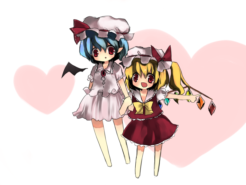 yoshimura azusa, flandre scarlet, remilia scarlet, touhou, bad id, bad pixiv id, 2girls, blonde hair, blue hair, chibi, female focus, hat, heart, mob cap, multiple girls, ribbon, siblings, sisters, skirt, white background, wings
