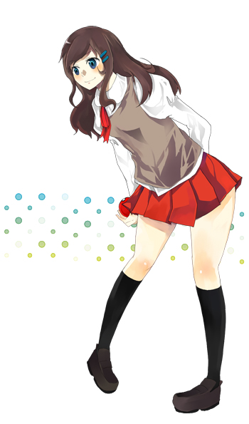 yoshi kichi, lass (pokemon), lass (pokemon dppt), nintendo, pokemon, bad id, bad pixiv id, 1girl, blue eyes, brown hair, female focus, hair ornament, hairclip, holding, holding poke ball, long hair, npc trainer, poke ball, skirt, socks, solo