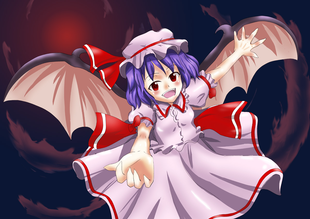 yautsuro (rufa), remilia scarlet, touhou, 1girl, blue hair, blush, female focus, hat, open mouth, ribbon, short hair, solo, wings