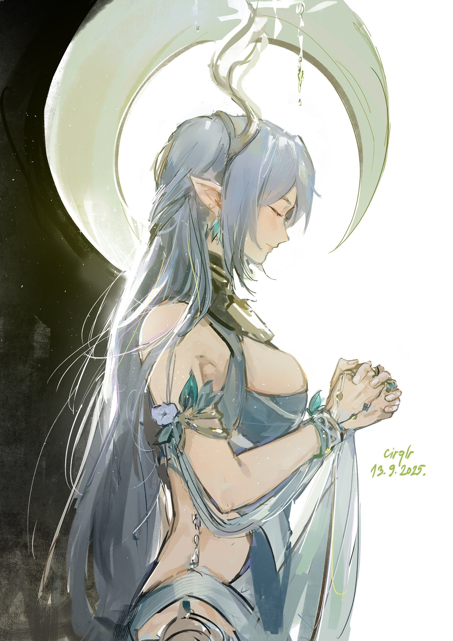 cirqlr, lauma (genshin impact), genshin impact, highres, 1girl, antlers, bare shoulders, breasts, closed eyes, closed mouth, crescent moon, dress, grey hair, horns, jewelry, large breasts, long hair, moon, pointy ears, praying, sketch, sleeveless, sleeveless dress, solo, very long hair