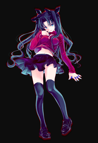 cradle (circle), misaki kurehito, tohsaka rin, fate/stay night, fate (series), type-moon, lowres, 00s, 1girl, aqua nails, female focus, hair ribbon, legs, long hair, long legs, nail polish, ribbon, skirt, solo, thighhighs