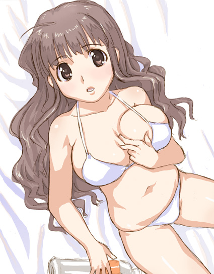 hirose (mokiki), original, 1girl, bikini, breasts, brown eyes, brown hair, cleavage, female focus, halterneck, huge breasts, long hair, solo, swimsuit, white bikini