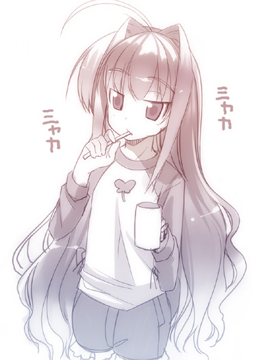 ikawa waki, vita (nanoha), lyrical nanoha, mahou shoujo lyrical nanoha, mahou shoujo lyrical nanoha a's, 00s, 1girl, brushing teeth, female focus, hair down, long hair, monochrome, solo, toothbrush