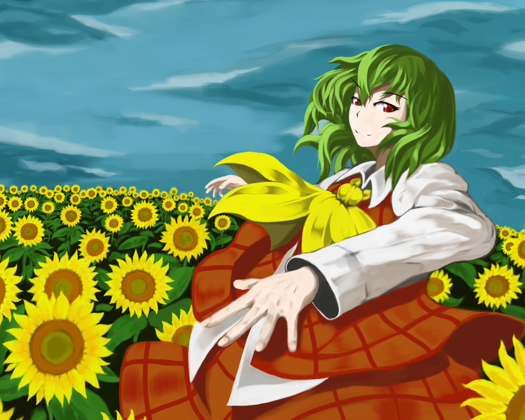 crorom, kazami yuuka, touhou, 1girl, ascot, cloud, day, female focus, field, flower, flower field, foreshortening, green hair, nature, plaid clothes, plaid skirt, plaid vest, red eyes, ribbon, short hair, skirt, skirt set, solo, sunflower, sunflower field, vest