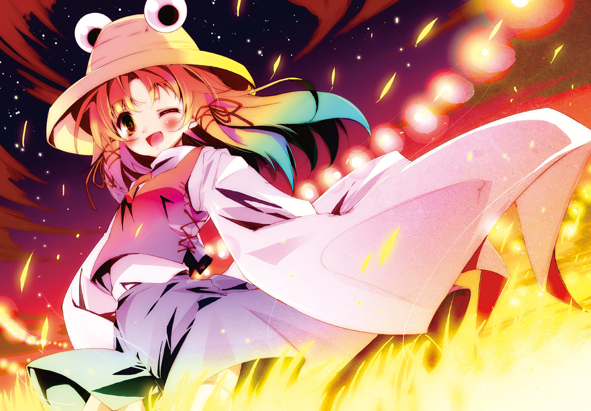 kamiya yuu, pixel phantom, moriya suwako, touhou, 1girl, ;d, blonde hair, blush, female focus, floating hair, glowing, gradient hair, hair ribbon, hat, long hair, long sleeves, looking at viewer, multicolored eyes, multicolored hair, night, one eye closed, open mouth, ribbon, skirt, skirt set, sky, sleeves past wrists, smile, solo, star (sky), starry sky, tress ribbon, wide sleeves, wind