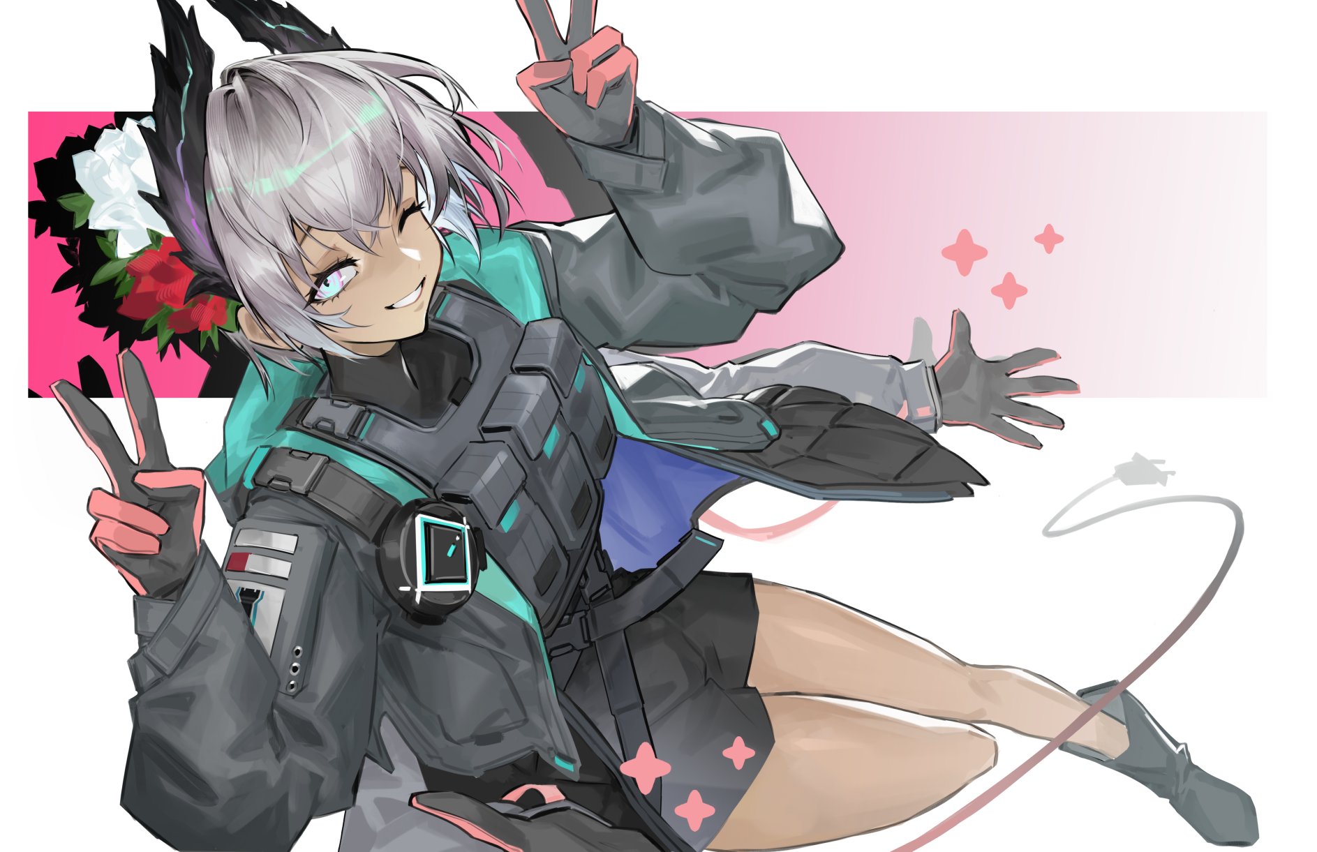 rukomata 99, raidian (arknights), arknights, commentary, highres, 1girl, ammunition pouch, black gloves, black jacket, black shoes, black shorts, blue eyes, choppy bangs, double v, electric plug, electric plug tail, extra arms, flower, gloves, grey hair, hair between eyes, hair flower, hair ornament, hands up, head wings, jacket, long sleeves, looking at viewer, one eye closed, open clothes, open jacket, parted lips, pouch, shoes, short hair, shorts, smile, solo, tail, v, white background, wings