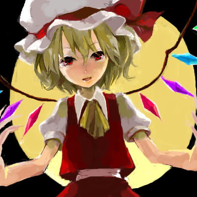 flandre scarlet, touhou, lowres, 1girl, blonde hair, blouse, collared shirt, female focus, hair between eyes, hat, mob cap, outdoors, ribbon, shirt, sky, solo, standing, white hat, white shirt, wings