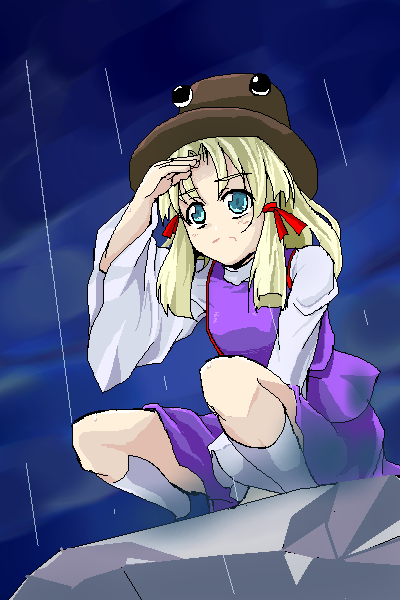 moriya suwako, touhou, 1girl, blonde hair, female focus, hat, outdoors, ribbon, skirt, sky, solo