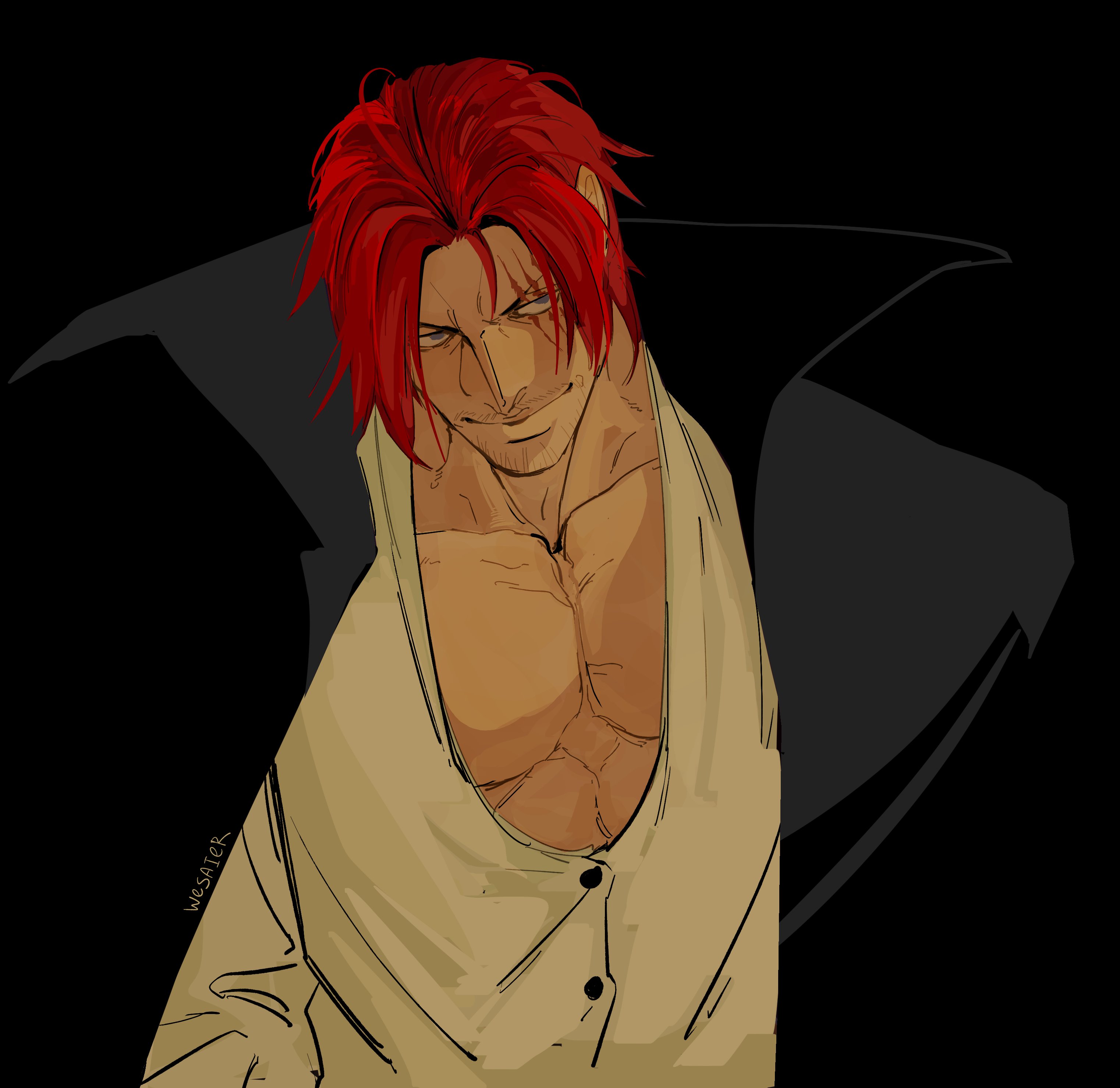 wesaier, shanks (one piece), one piece, absurdres, hashtag-only commentary, highres, 1boy, black background, blue eyes, cape, closed mouth, high collar, looking to the side, male focus, red hair, scar, scar across eye, scar on face, shirt, short hair, signature, simple background, smile, solo, upper body, white shirt