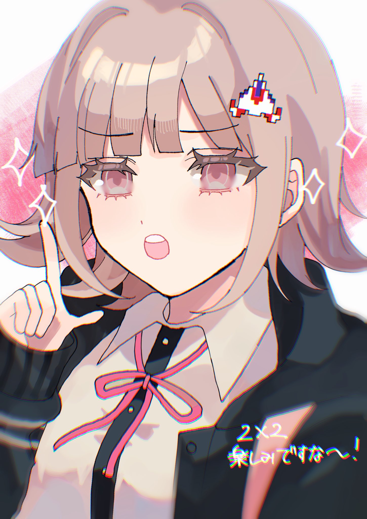 hakumai (mgmg okomee), nanami chiaki, danganronpa (series), danganronpa 2: goodbye despair, highres, 1girl, :o, black jacket, brown hair, dress shirt, hair ornament, hand up, index finger raised, jacket, medium hair, neck ribbon, open clothes, open jacket, pink eyes, pink ribbon, ribbon, shirt, solo, teeth, two-tone shirt, upper teeth only, white shirt