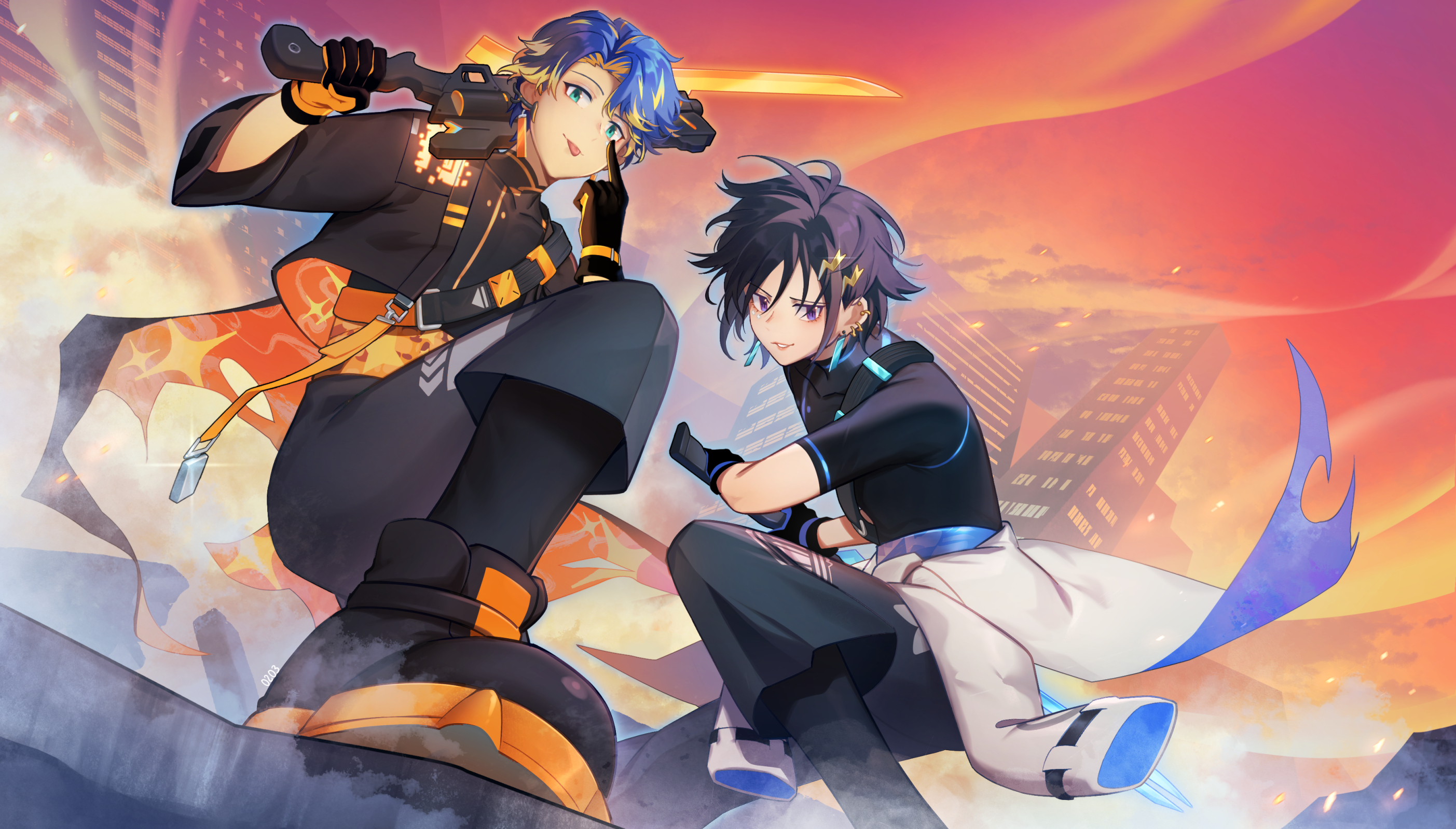 mono (bluesky), astel leda, astel leda (3rd costume), kanade izuru, kanade izuru (7th costume), holostars, commentary, highres, symbol-only commentary, 2boys, :p, akanbe, animal ears, aqua eyes, black gloves, black hair, black jacket, black leggings, black pants, black shirt, black shoes, blonde hair, blue hair, building, chest strap, clothes around waist, colored shoe soles, covered eyes, cropped jacket, curtained hair, dusk, ear piercing, earrings, eyelid pull, fake animal ears, fighting stance, from below, frown, gloves, gun, gunblade, hair between eyes, hair ornament, holding, holding gun, holding sword, holding weapon, jacket, jacket around waist, jewelry, leggings, lightning bolt, lightning bolt hair ornament, lightning bolt symbol, looking at viewer, male focus, mechanical ears, multicolored hair, multiple boys, official alternate costume, on one knee, open clothes, open jacket, orange gloves, orange jacket, orange sky, outdoors, over shoulder, pants, parted lips, piercing, purple eyes, ready to draw, shirt, shoes, short hair, short sleeves, shoulder belt, sky, skyscraper, smug, streaked hair, swept bangs, sword, tassel, tassel earrings, three-quarter sleeves, tongue, tongue out, two-sided fabric, two-sided gloves, two-sided jacket, two-tone gloves, two-tone hair, virtual youtuber, weapon, weapon over shoulder, white jacket