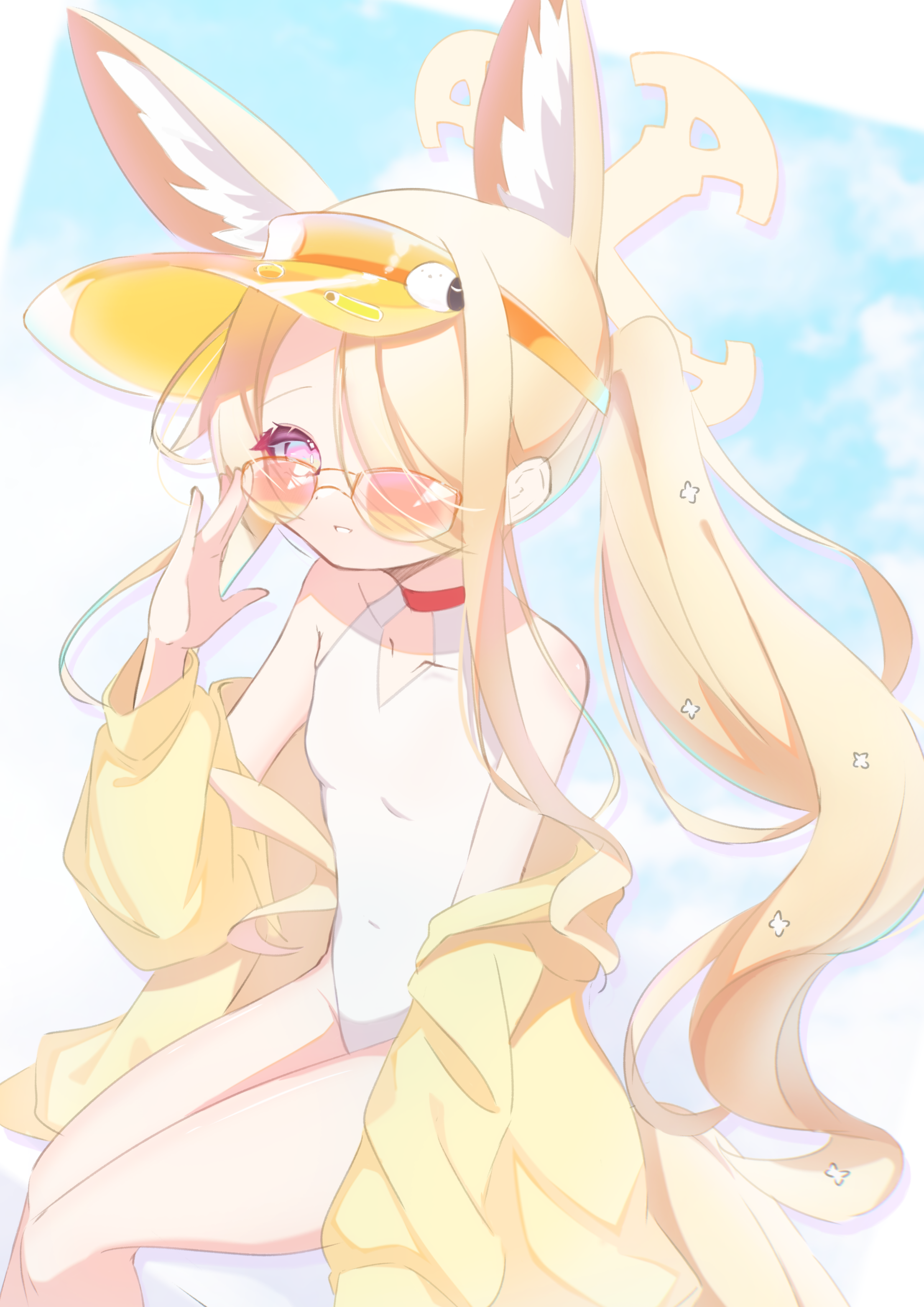 seia (blue archive), seia (swimsuit) (blue archive), blue archive, absurdres, highres, 1girl, adjusting eyewear, animal ear fluff, animal ears, barme (mxkx7572), blonde hair, cross halo, fox ears, fox girl, halo, hand on eyewear, highleg, highleg one-piece swimsuit, jacket, long hair, off shoulder, one-piece swimsuit, orange-tinted eyewear, side ponytail, sitting, solo, sunglasses, swimsuit, thighs, tinted eyewear, very long hair, visor cap, white one-piece swimsuit, yellow eyes, yellow halo, yellow jacket, yellow visor