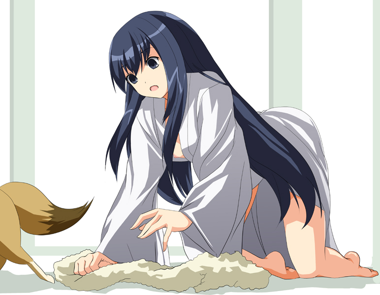 date (senpen), kou (wagaya), kou (wagaya no oinari-sama), wagaya no oinari-sama, 00s, 1girl, bad anatomy, bad feet, barefoot, breasts, dog, feet, female focus, fox, medium breasts, nipple slip, nipples, poorly drawn, robe, solo