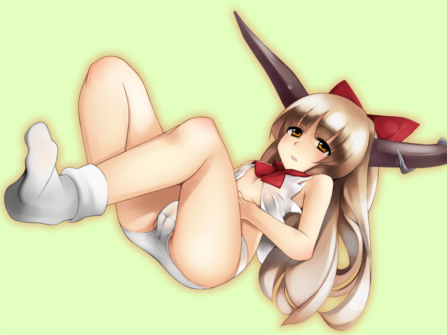 topo (bacchustab), topo bevitore, ibuki suika, touhou, bad id, bad pixiv id, 1girl, cameltoe, feet, female focus, foreshortening, horns, loli, long hair, panties, ribbon, socks, solo, underwear