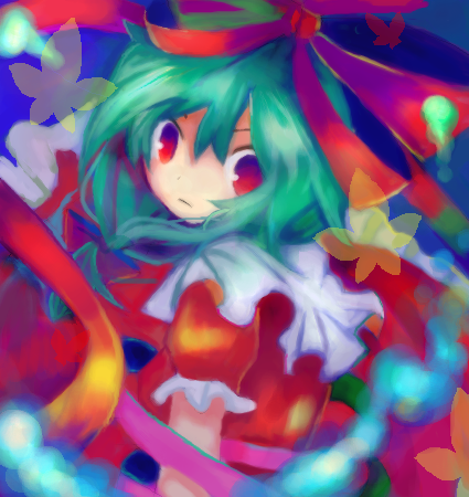 kazu (artist), kazu (muchuukai), kagiyama hina, touhou, lowres, 1girl, :o, alternate eye color, blush, collar, dress, expressionless, female focus, frills, front ponytail, magic, parted lips, puffy short sleeves, puffy sleeves, red dress, red eyes, short sleeves, solo, tareme, upper body