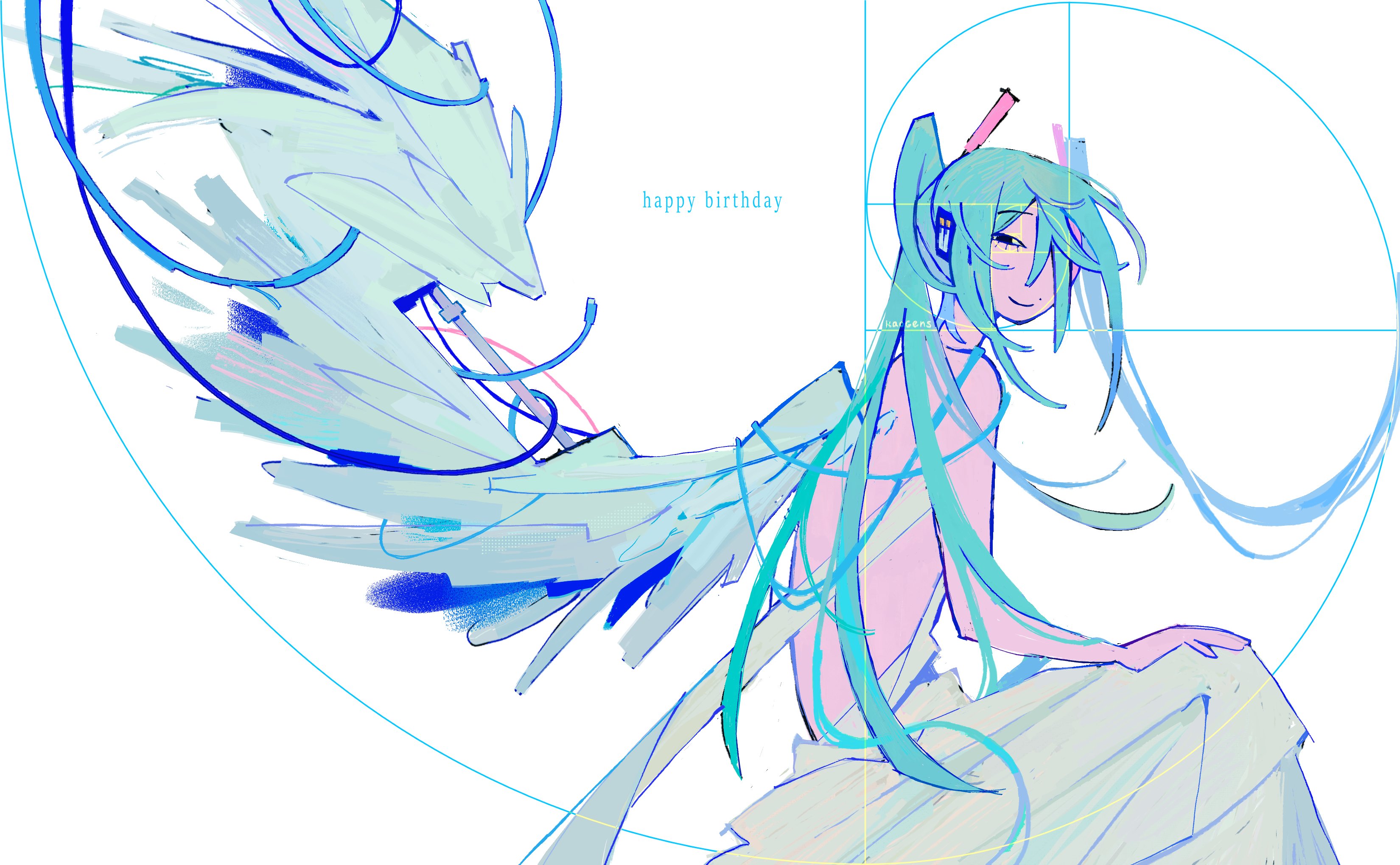 kaogens, hatsune miku, vocaloid, absurdres, commentary, english commentary, highres, 1girl, artist name, closed mouth, dress, english text, feathered wings, golden spiral, green hair, hand on own knee, happy birthday, long hair, simple background, sitting, smile, solo, very long hair, white background, white dress, white wings, wings