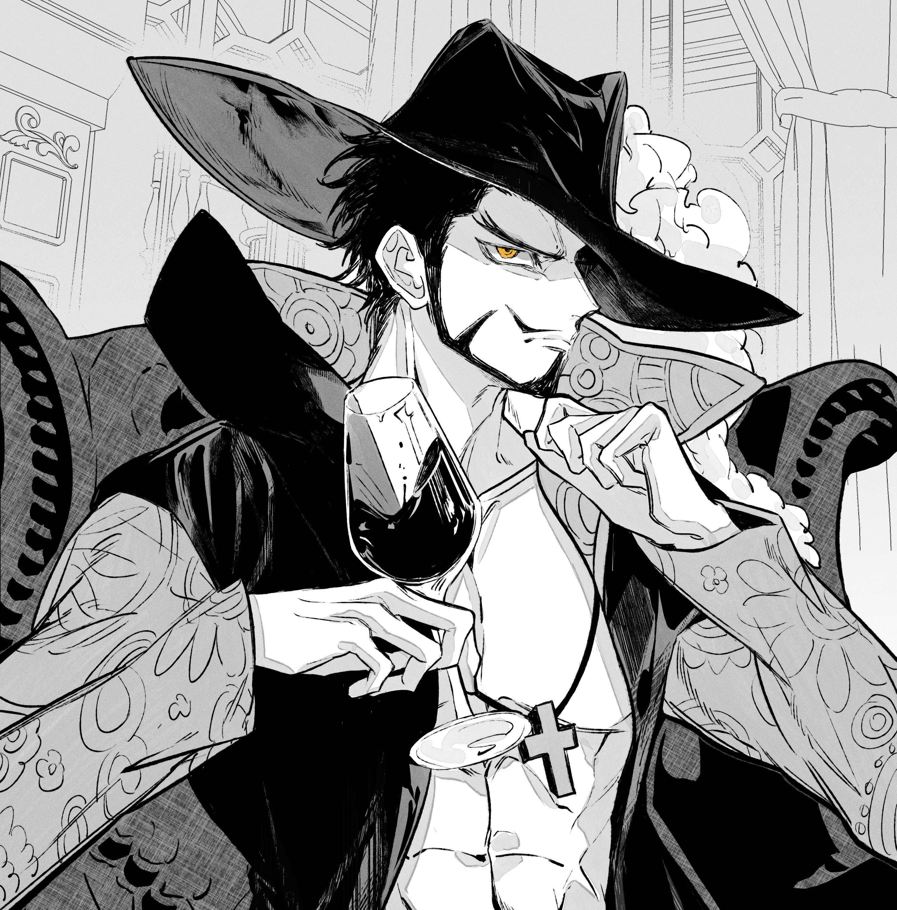 dracule mihawk, one piece, absurdres, commentary request, highres, korean commentary, 1boy, abs, closed mouth, coat, cross pendant, cup, facial hair, goatee, greyscale, hat feather, holding, holding cup, jewelry, male focus, monochrome, mustache, necklace, sano4, short hair, sitting, solo, spot color, upper body, yellow eyes