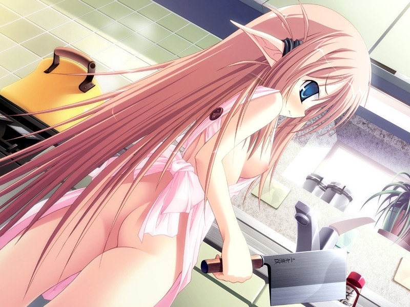 familiar spirit!!, skyfish, game cg, 1girl, apron, ass, blue eyes, blush, breasts, cleaver, cooking, elf, female focus, long hair, naked apron, nipples, pink hair, pointy ears, solo