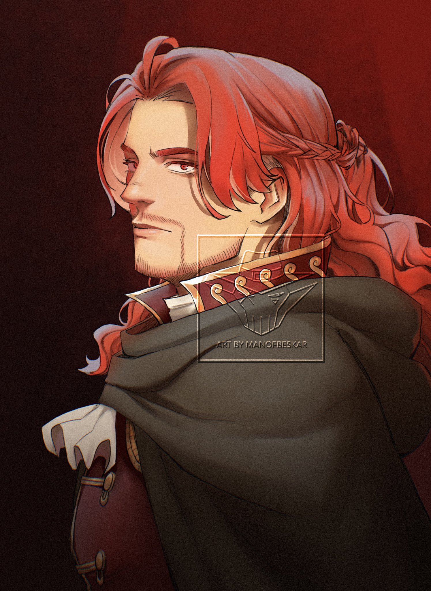 manofbeskar, figarland shamrock, one piece, commentary, hashtag-only commentary, highres, symbol-only commentary, 1boy, ascot, beard, braid, closed mouth, facial hair, half updo, long hair, male focus, red eyes, red hair, sidelocks, solo, upper body, watermark, white ascot