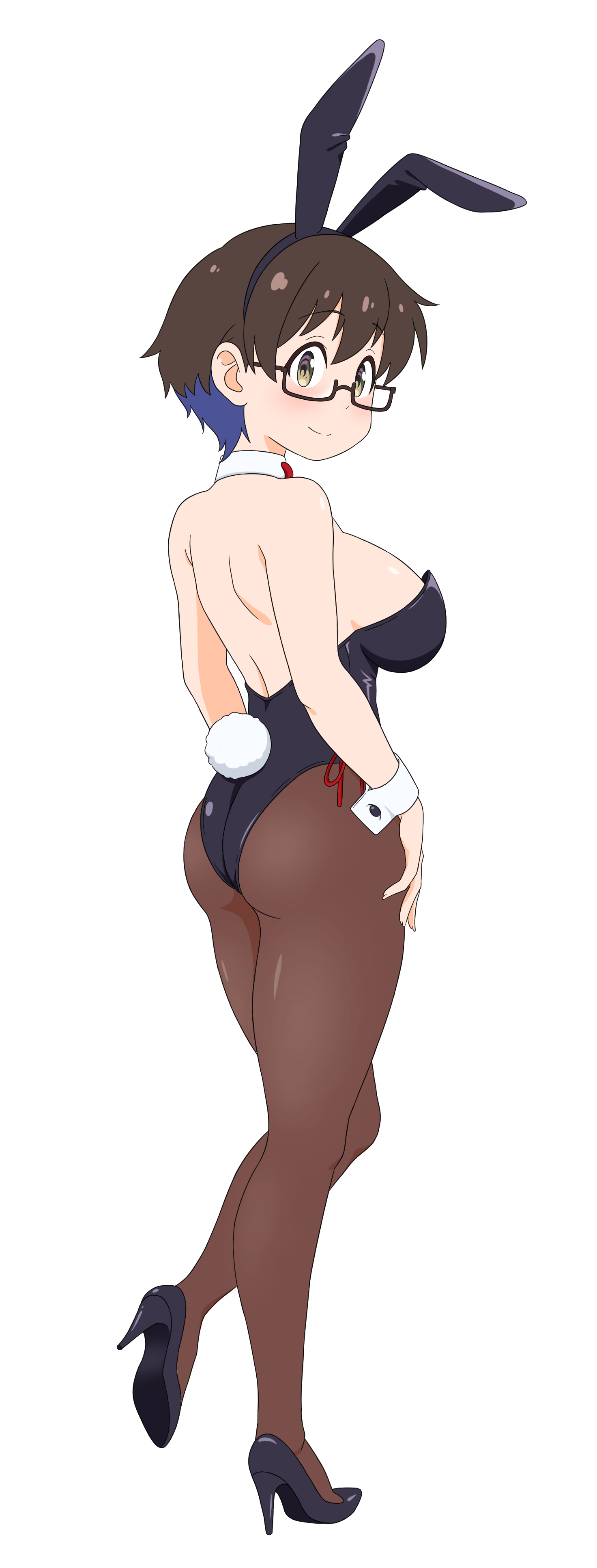 colorado, usazirou539, imari youko, ruri no houseki, absurdres, commentary request, highres, 1girl, animal ear hairband, animal ears, ass, black leotard, black pantyhose, black shoes, blue hair, bow, bowtie, breasts, brown eyes, brown hair, detached collar, fake animal ears, from behind, full body, hairband, high heels, large breasts, leotard, pantyhose, playboy bunny, rabbit ears, rabbit tail, red bow, red bowtie, shoes, short hair, solo, strapless, strapless leotard, tail, wrist cuffs
