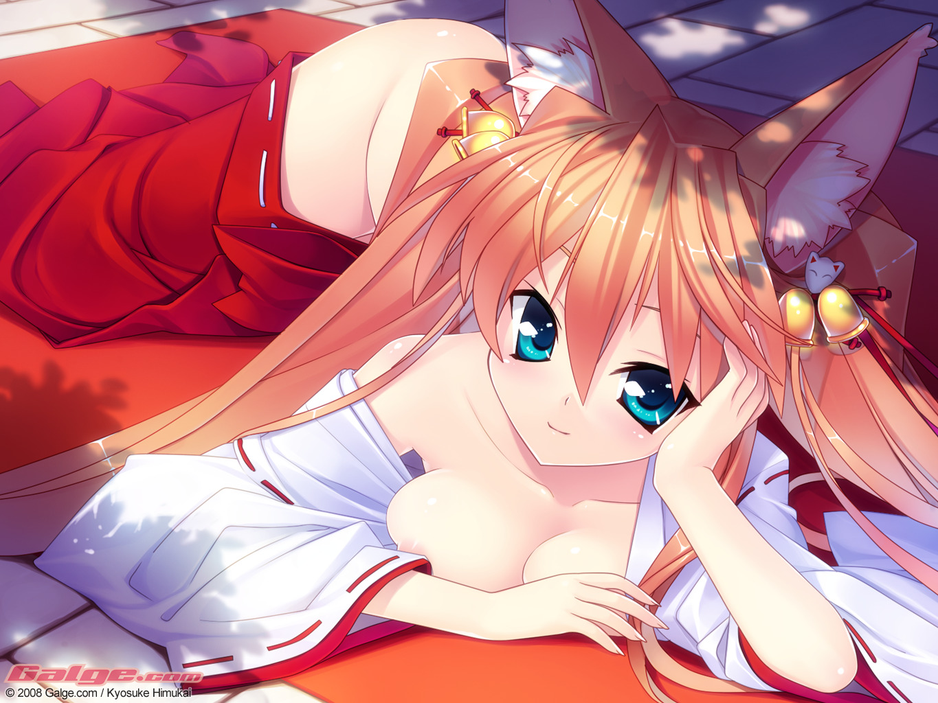 himukai kyousuke, galge.com, original, 1girl, 2008, animal ears, bell, blue eyes, breasts, cleavage, female focus, fox ears, hair ornament, hakama, hakama skirt, hand on own face, japanese clothes, large breasts, long hair, lying, miko, nipple slip, nipples, off shoulder, on stomach, orange hair, red hakama, skirt, smile, solo, twintails, watermark