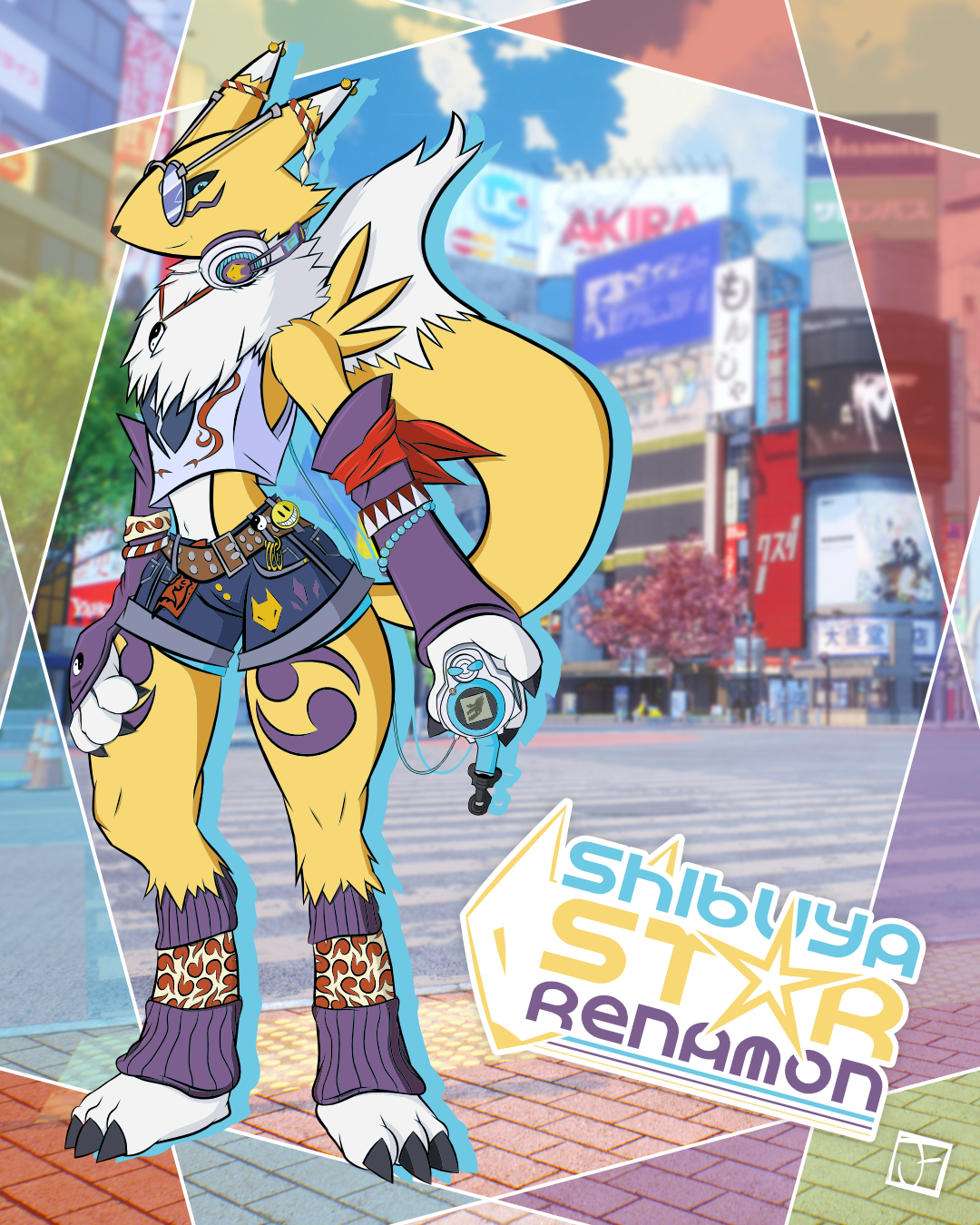 renamon, digimon, highres, belt, digimon (creature), glasses, headphones, jayfrias, looking at viewer, tail, yin yang