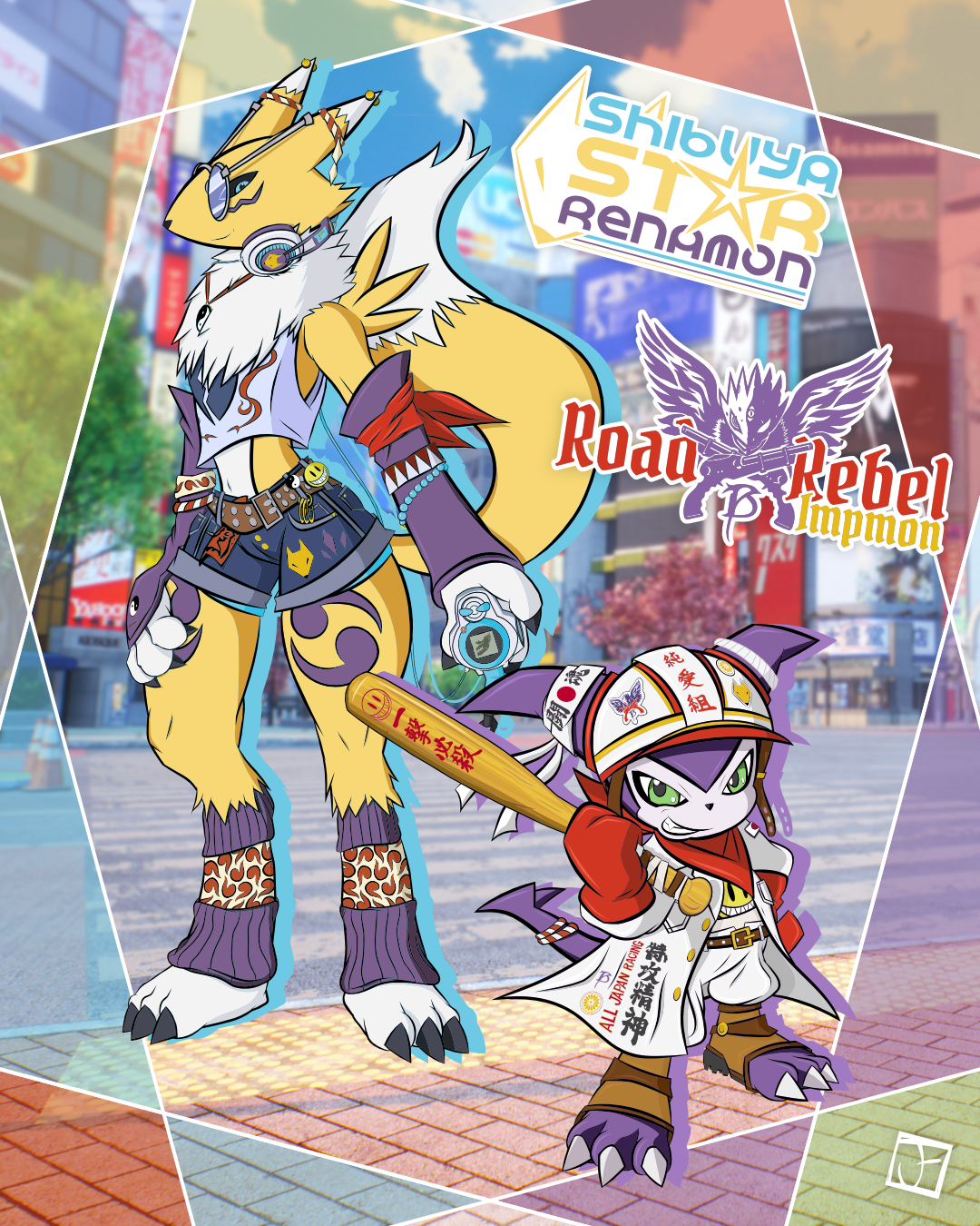 impmon, renamon, digimon, highres, baseball bat, belt, digimon (creature), glasses, gloves, green eyes, hat, headphones, jayfrias, looking at viewer, scarf, tail, yin yang