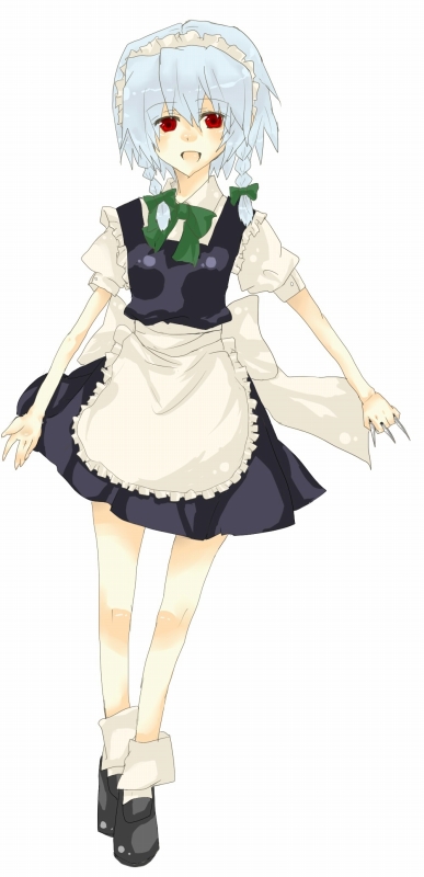 izayoi sakuya, touhou, silver hair, bad id, bad pixiv id, 1girl, bad anatomy, between fingers, braid, female focus, holding, knife, maid, poorly drawn, red eyes, ribbon, short hair, solo, throwing knife, twin braids, weapon
